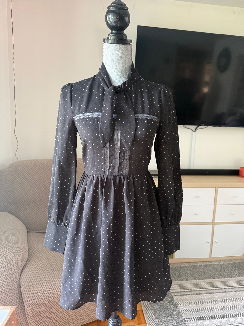 Black Polka Dot Tie-Neck Long Sleeve Dress